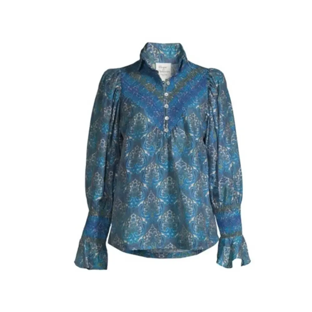 NWOT Hope for Flowers Soft Smocked Paisley BLUE Long Sleeve Top Size Small - Picture 1 of 3